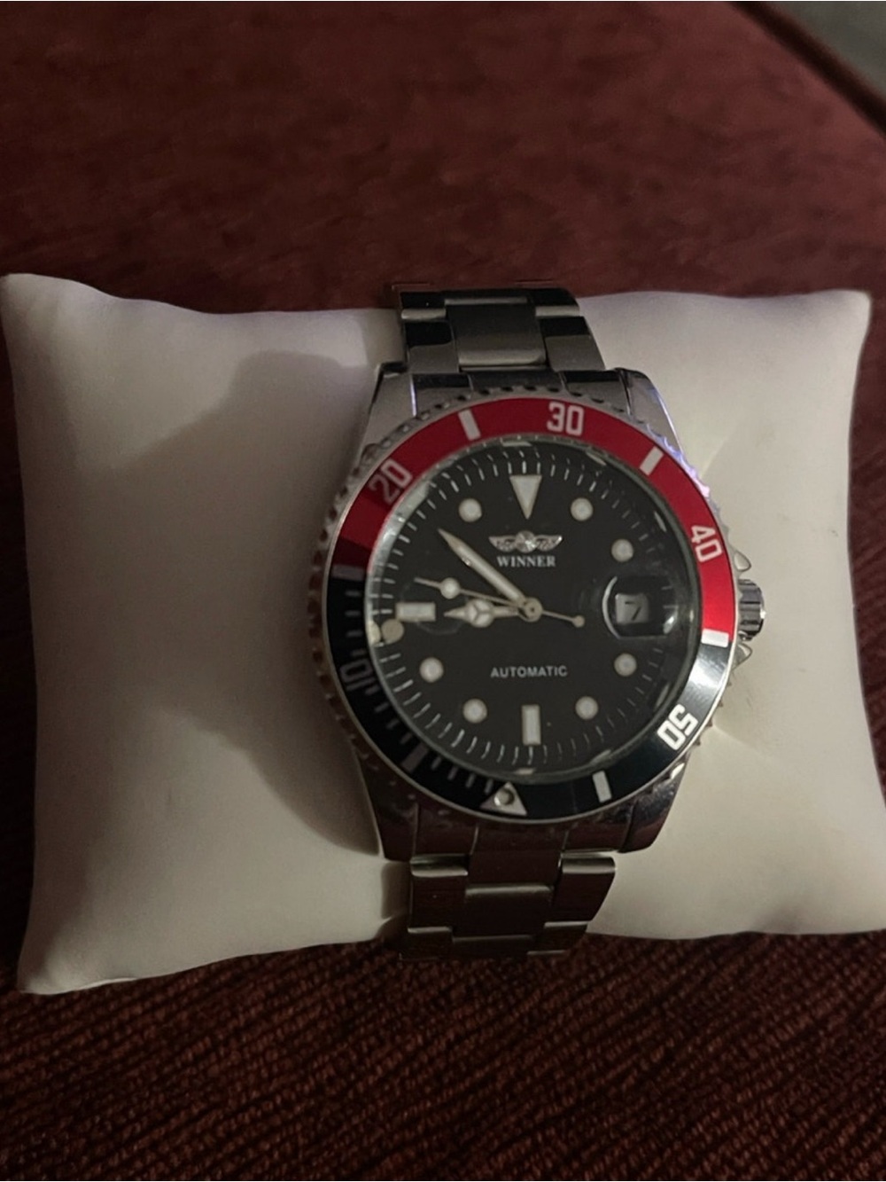 Winner Automatic Stainless Steel Watch with Red & Black Bezel